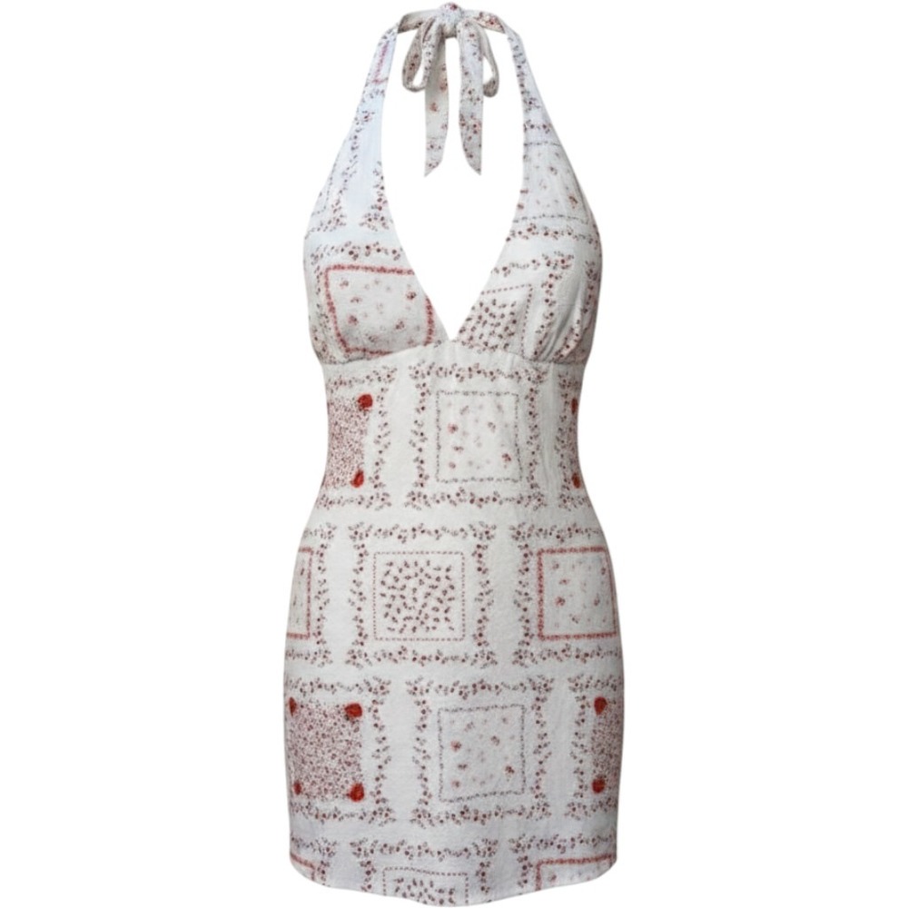 Hollister White Red‎ Heart Halter Linen Blend Mini Dress Coquette Cottage  XL